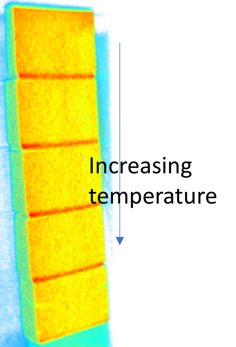 Tomographic image of a stack of 3D printed aluminum oxide composites sintered at different temperatures