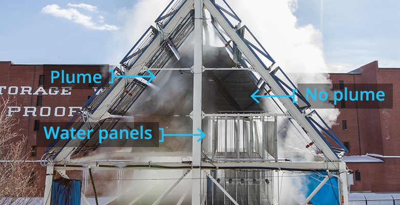 Water-saving technology installed on a quadrant of the cooling towers of MIT's Nuclear Reactor Lab